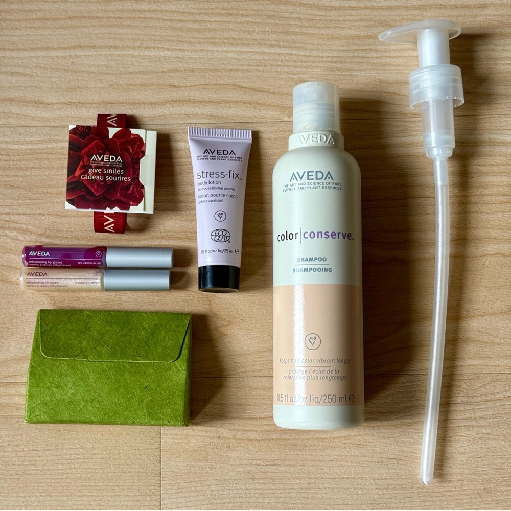 AVEDA product bundle, nothing used, nourish-mint, stress-fix, color conserve